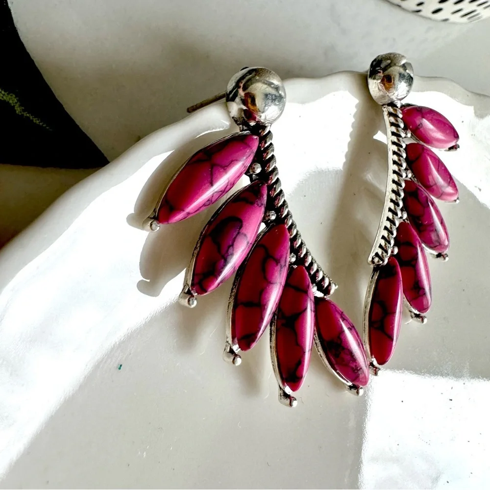 3/$22🩶 Western Pink Stone Feather Silver Stud Earrings Southwestern Cowgirl NEW